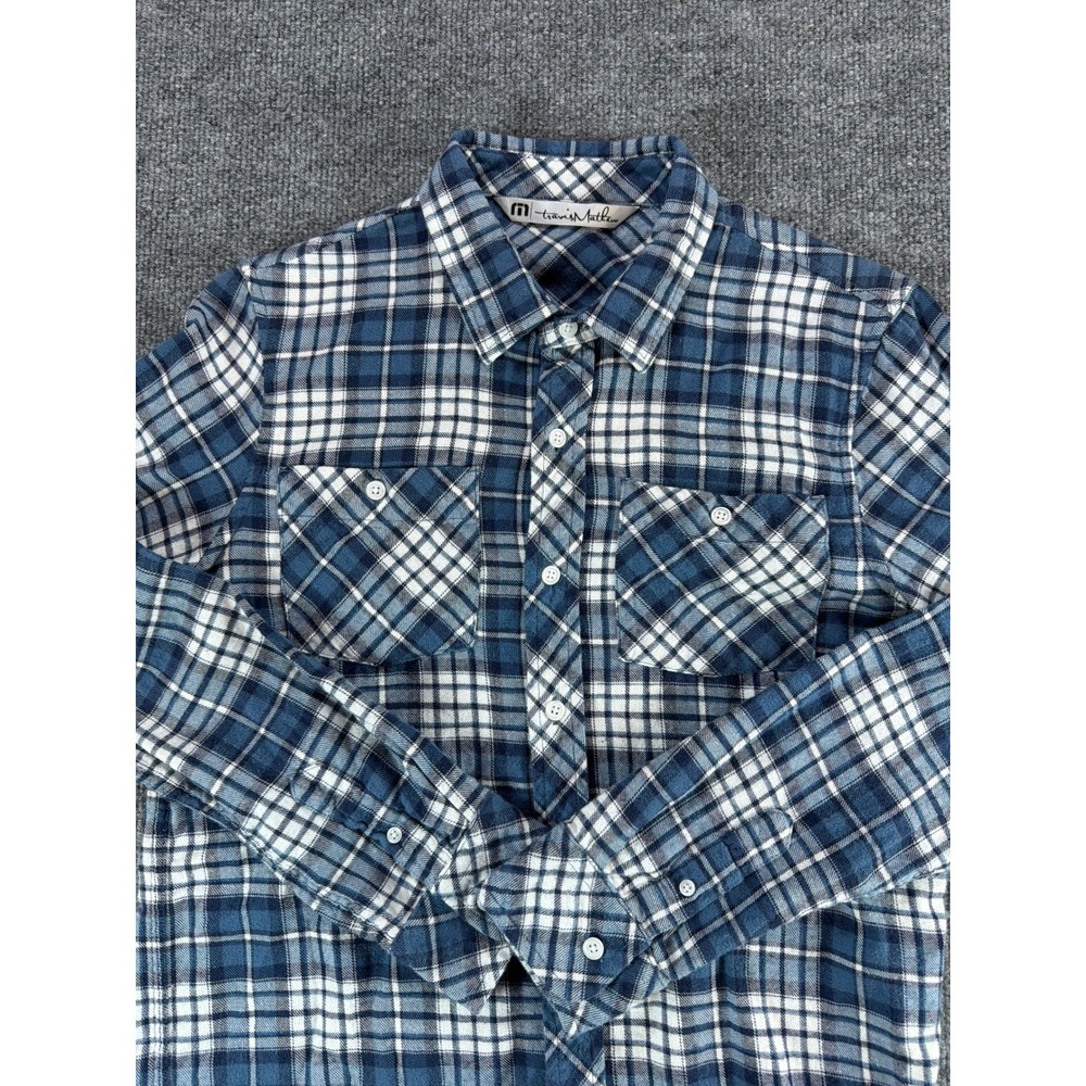 TravisMathew Mens Small Blue White Plaid Long Sleeve Button Down Flannel Shirt - Picture 2 of 7